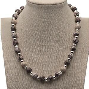 Earth Tone Beaded Stretch Necklace Silver Accent Neutral Minimalist Layering